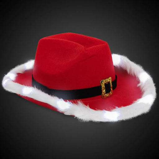 Light-Up Santa Cowboy Hat with Marabou Trim