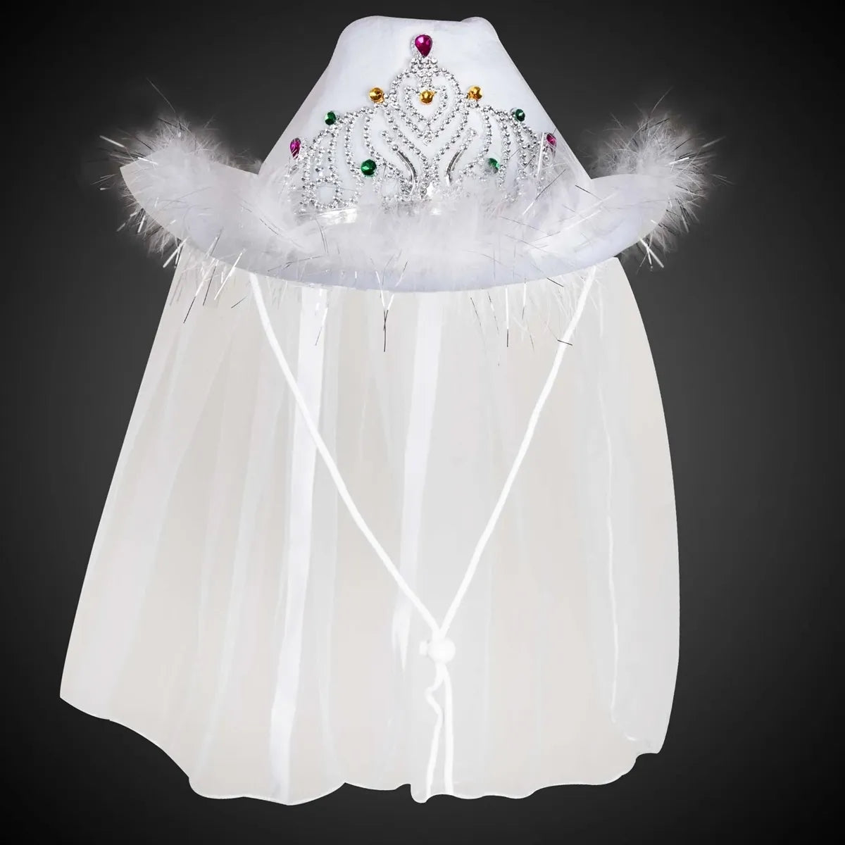Light-Up White Tiara Cowboy Hat with Veil