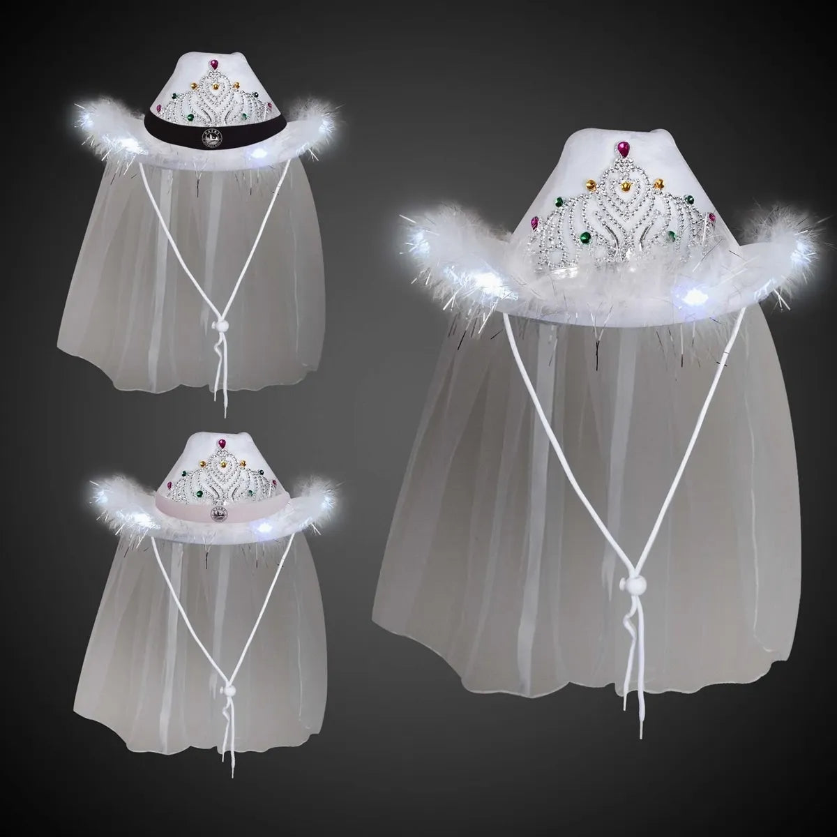 Light-Up White Tiara Cowboy Hat with Veil
