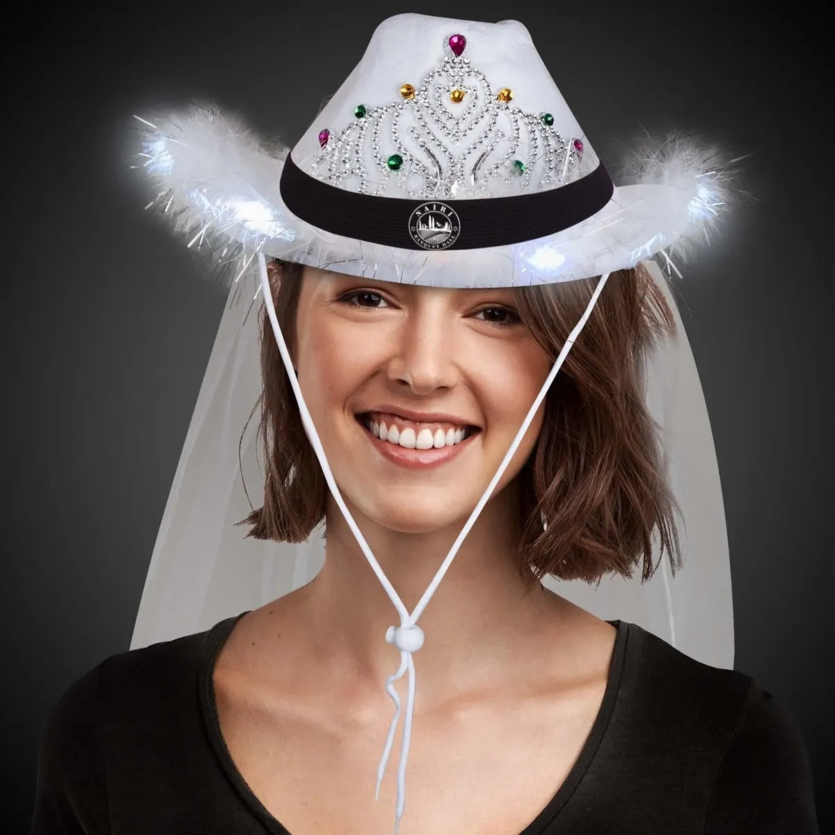 Light-Up White Tiara Cowboy Hat with Veil