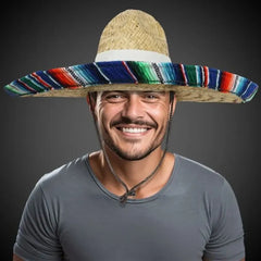 Large Straw Sombrero with Serape Trim