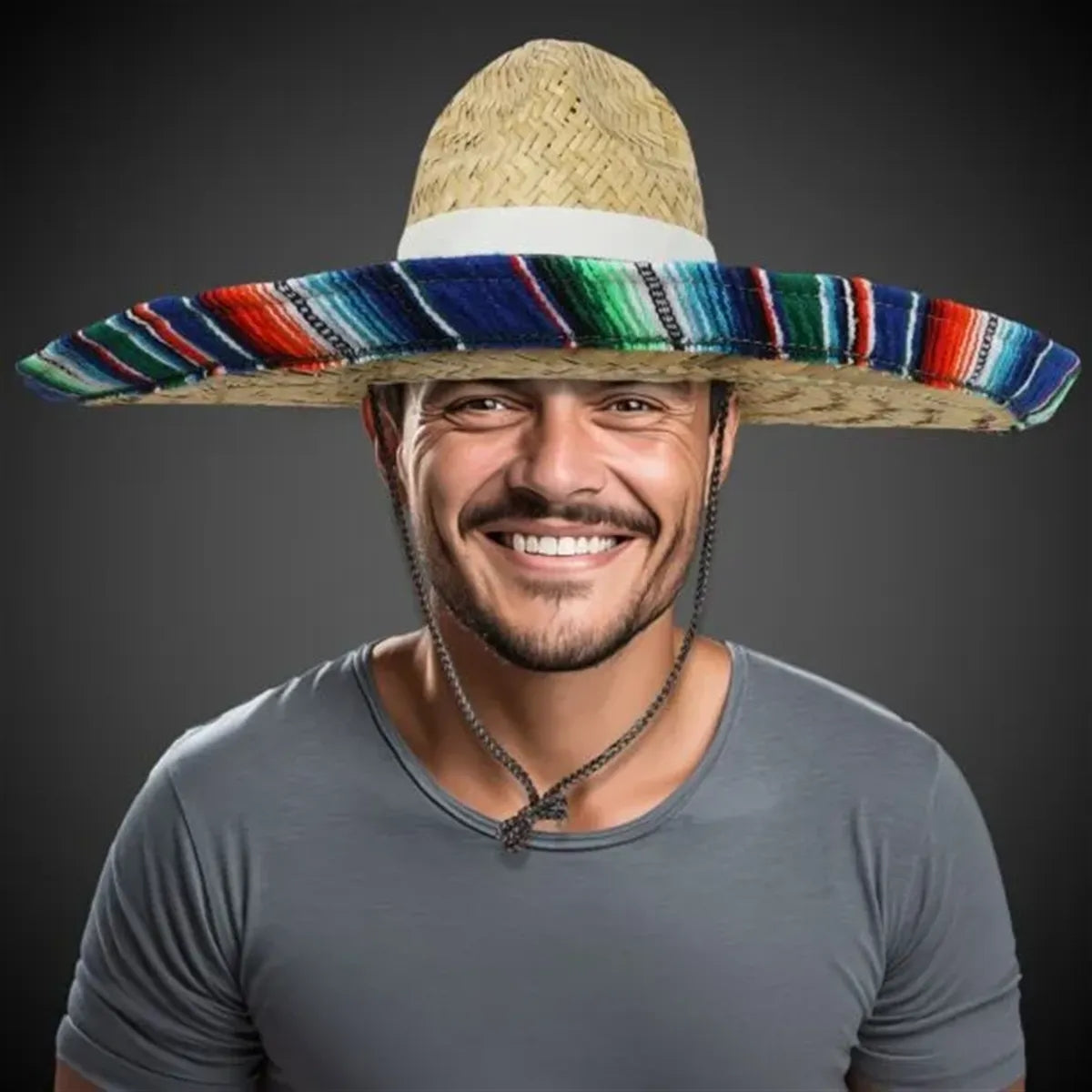 Large Straw Sombrero with Serape Trim