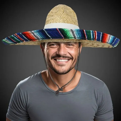 Large Straw Sombrero with Serape Trim