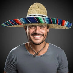 Large Straw Sombrero with Serape Trim